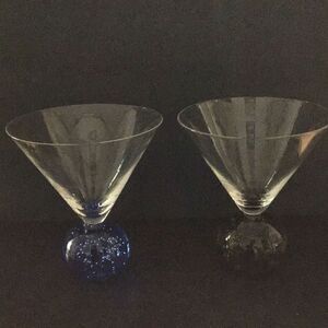 Wine glass handblown bubble bottom Set of 2 one blue one in Amber